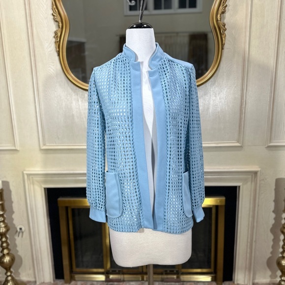 Vintage Sweaters - VTG Sears Blue Open Weave Cardigan Jacket M L 14 Grannycore 70s Mod Church